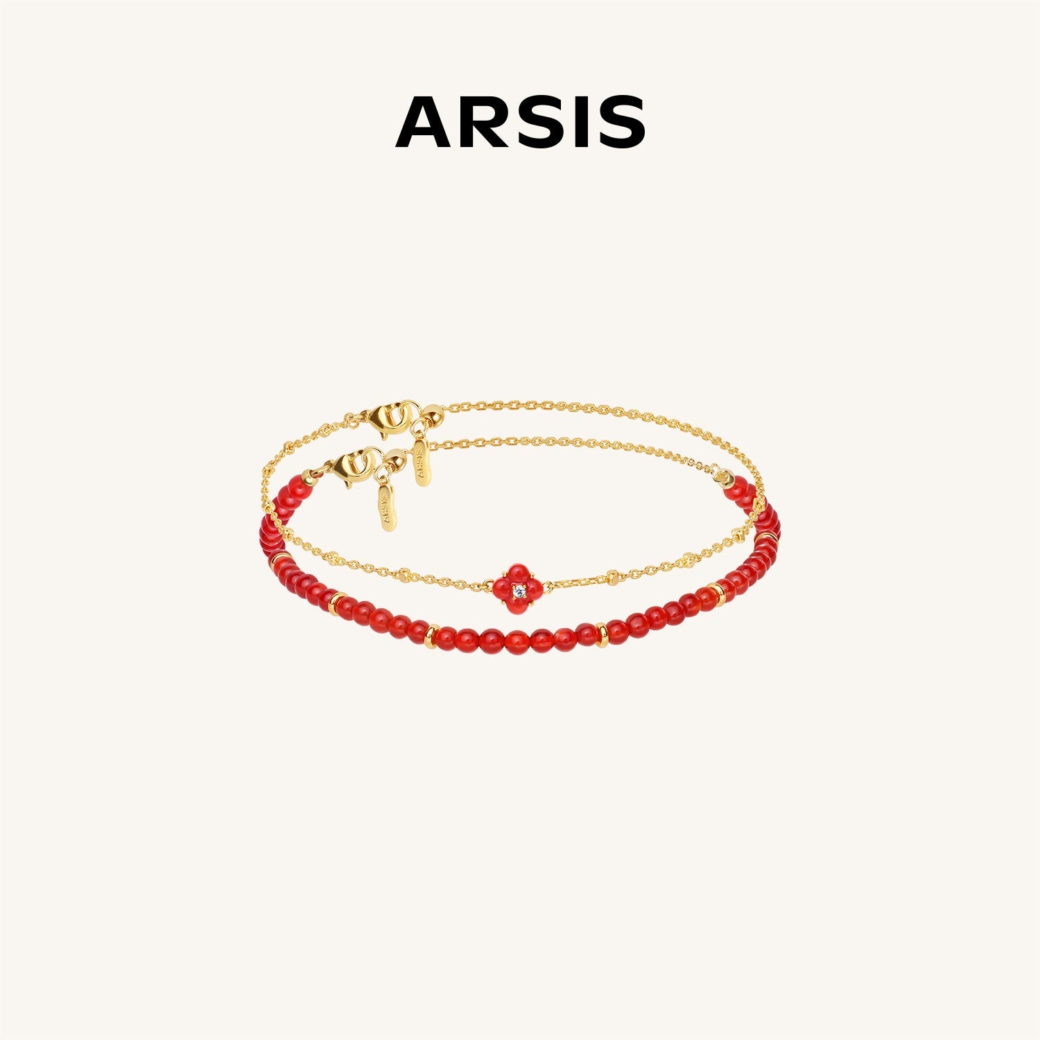 ゴールドトーン 赤メノウ クローバーチャーム ブレスレット – ARSIS