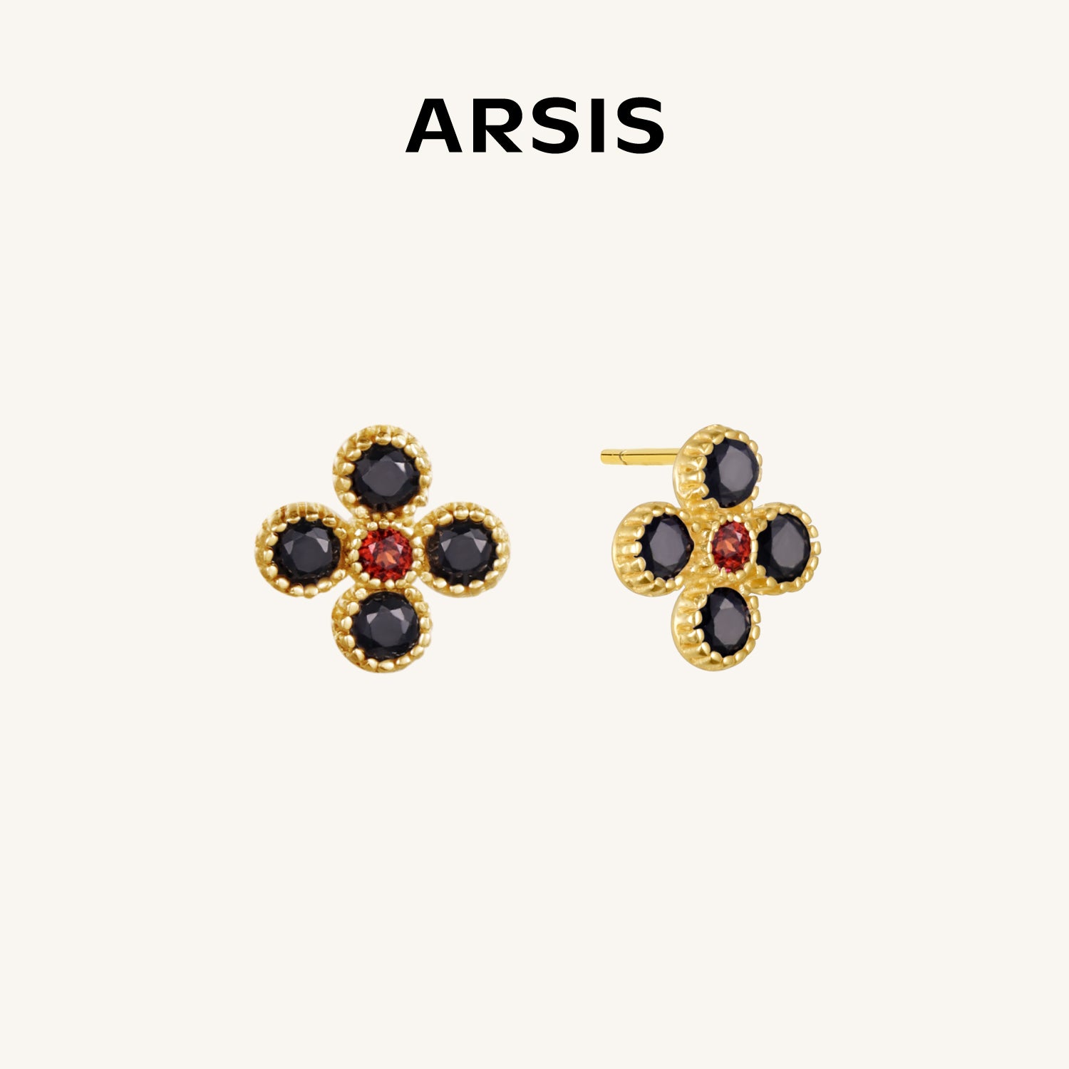 葉デザイン ピアス 黒ストーン付き 四つ葉のクローバー ブラックオニキス＆ガーネット SV925 ピアス – ARSIS